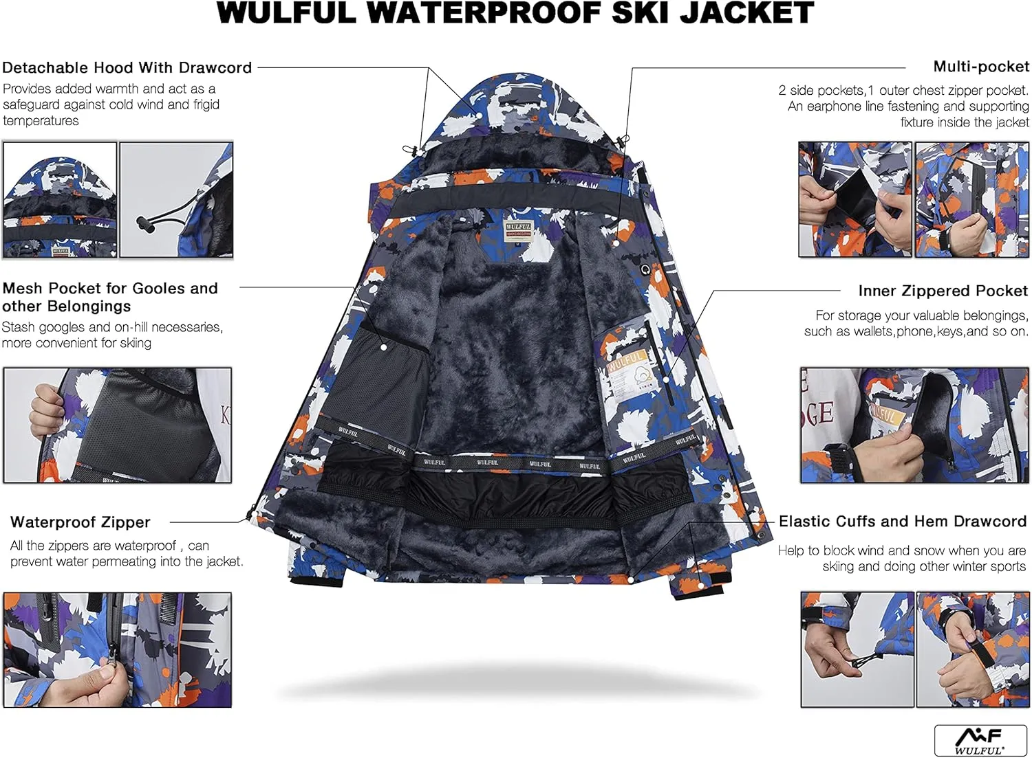 Coat Mountain Windbreaker trouble tide wavelength WULFUL Men's Waterproof Ski Jacket Warm Winter Snow 