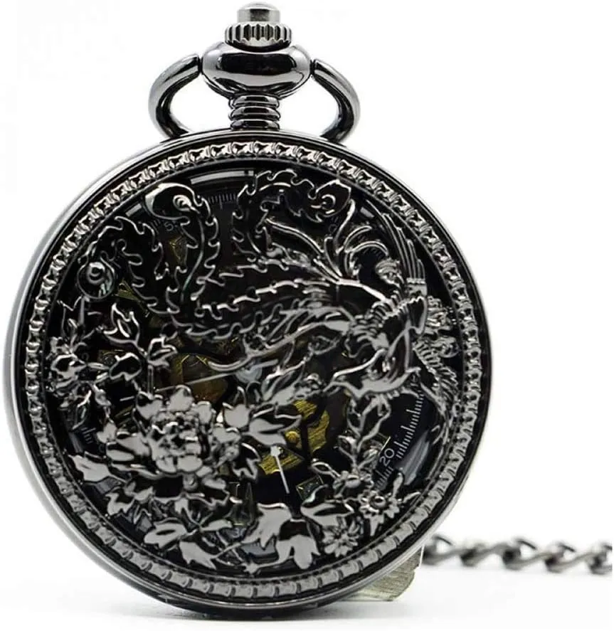 (Color : B) Pocket Watch,Peony Mocking Phoenix flip top Watch,Mens Antique Mechanical Pocket Watch,Retro Classic Embossed Hollow Mechanical commentary Pocket Watch 