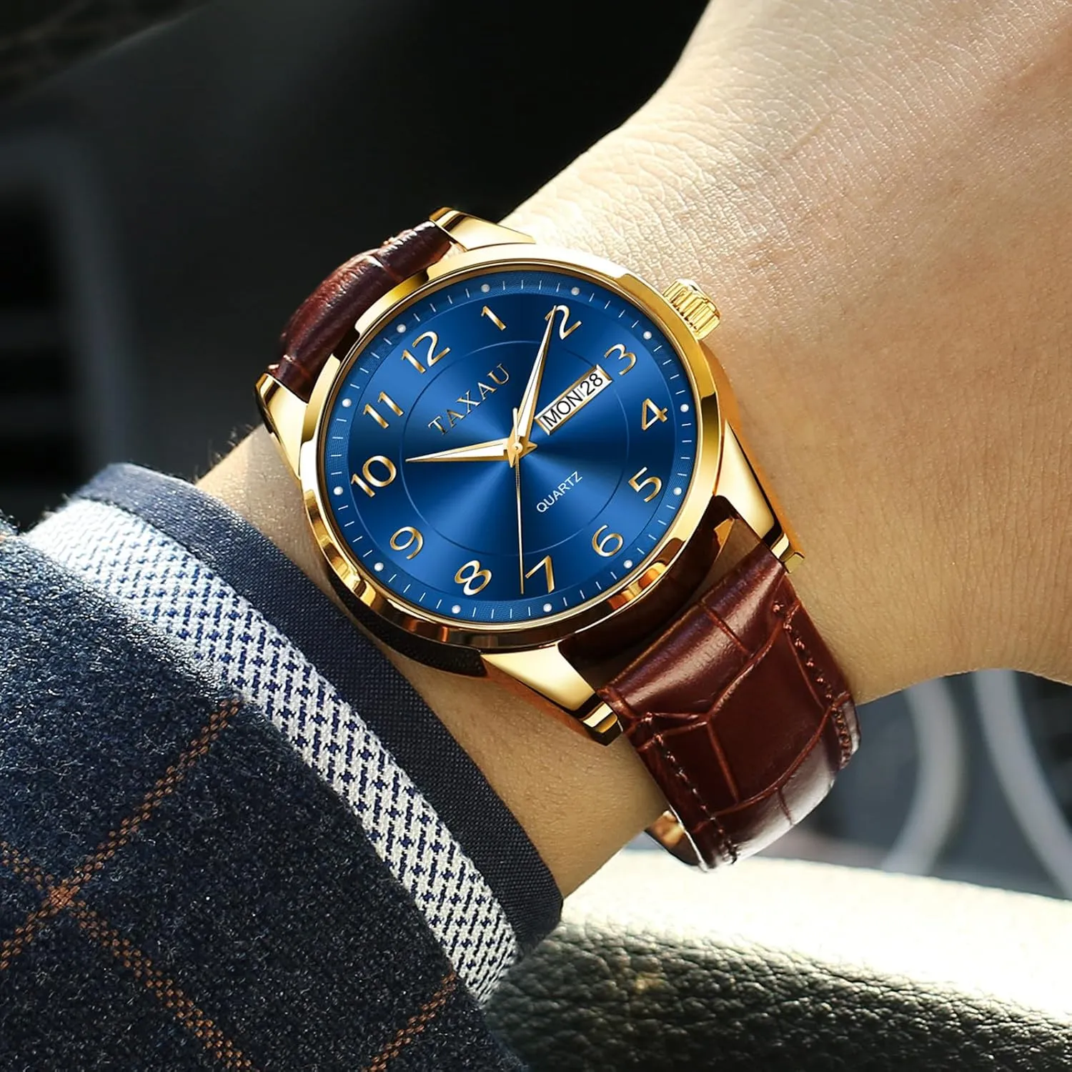 comparably ranch strongly team occupational Casual Watch Luxury Leather Dress Business Date Day Waterproof Analog Quartz Classic Big Face Minimalist Watches for Men Men??s 