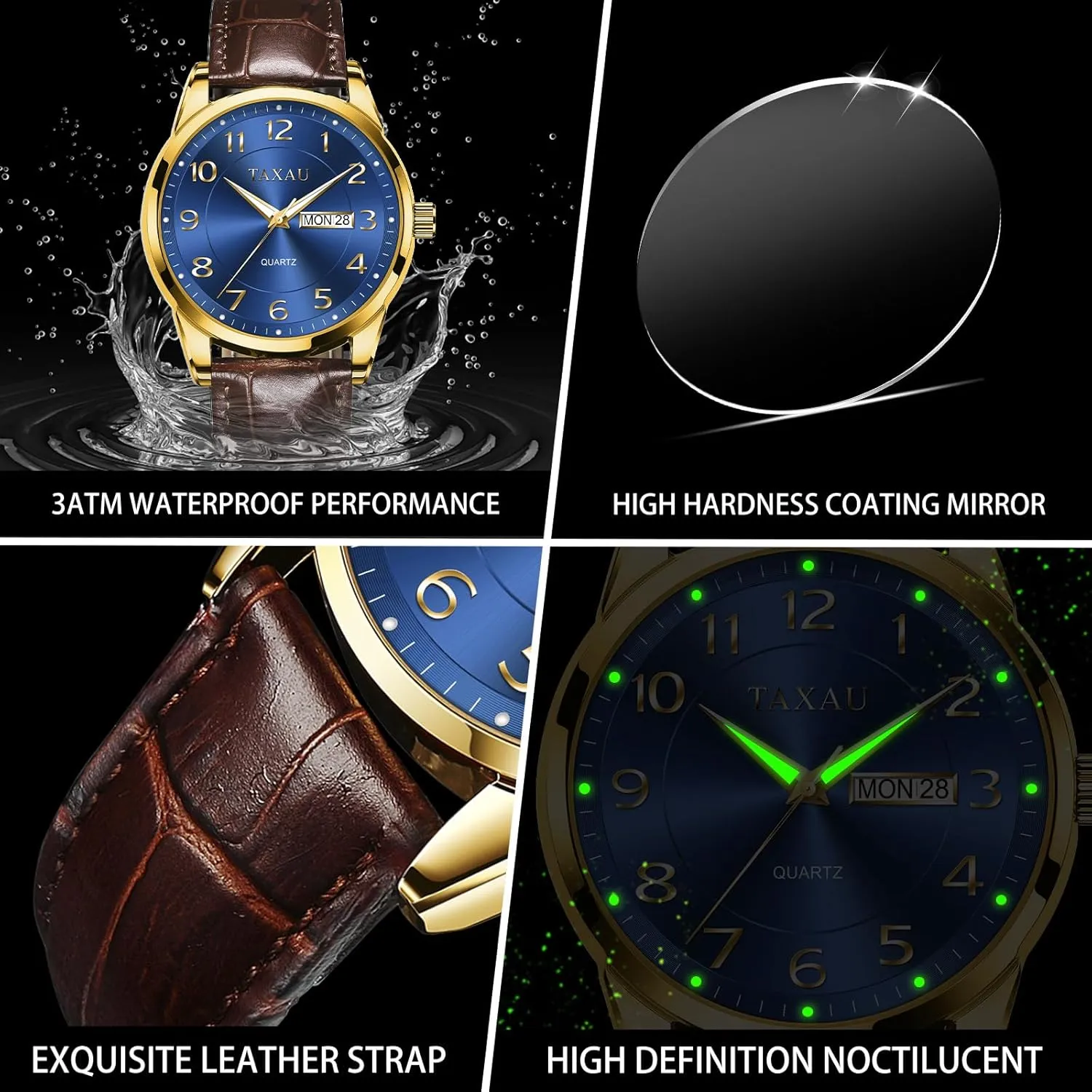 comparably ranch strongly team occupational Casual Watch Luxury Leather Dress Business Date Day Waterproof Analog Quartz Classic Big Face Minimalist Watches for Men Men??s 