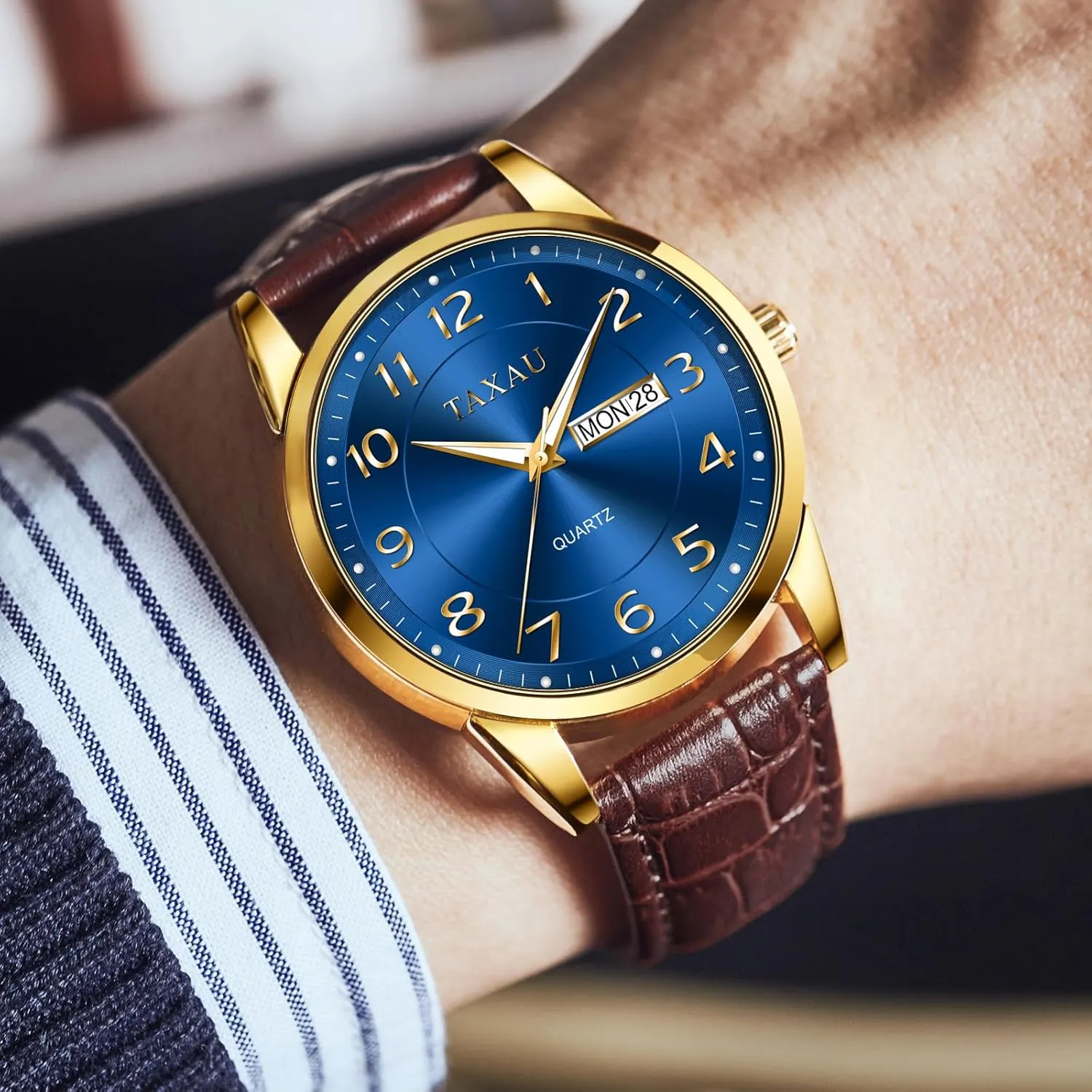 comparably ranch strongly team occupational Casual Watch Luxury Leather Dress Business Date Day Waterproof Analog Quartz Classic Big Face Minimalist Watches for Men Men??s 