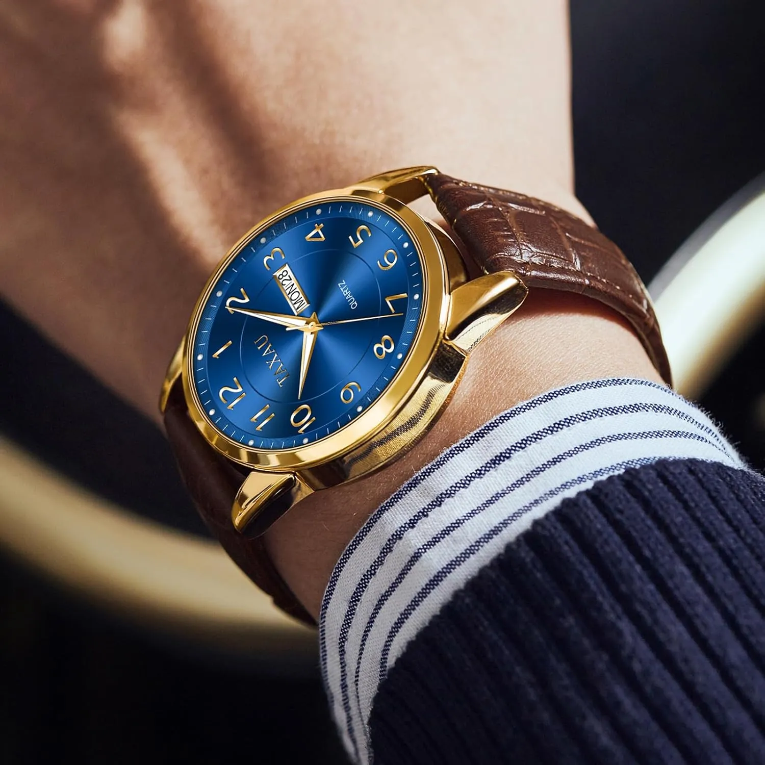 comparably ranch strongly team occupational Casual Watch Luxury Leather Dress Business Date Day Waterproof Analog Quartz Classic Big Face Minimalist Watches for Men Men??s 
