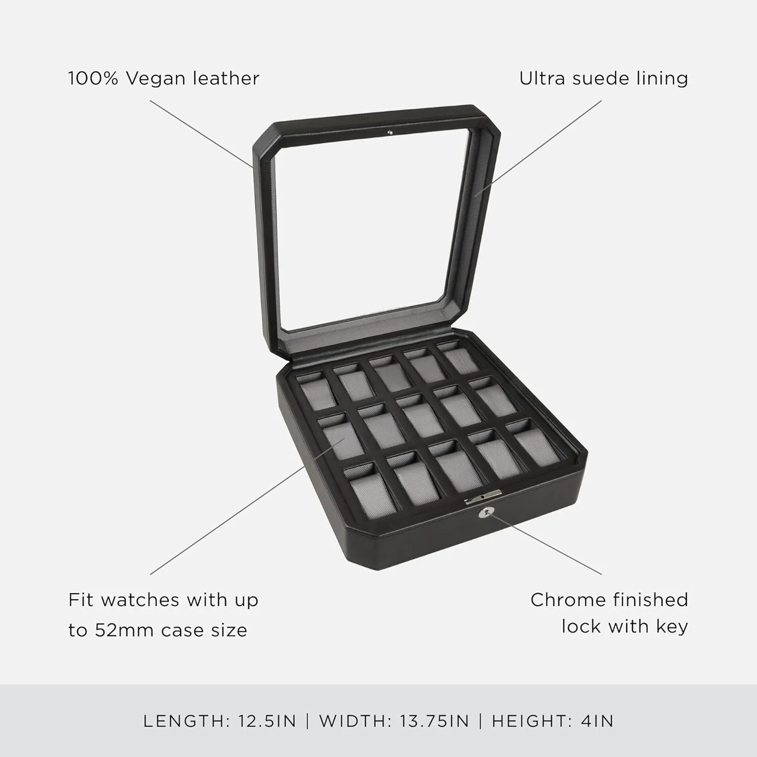 Compartments & Vegan Leather Exterior WOLF Windsor 15-Piece Watch Box, Black - additional blaze sow Features 15 Watch 