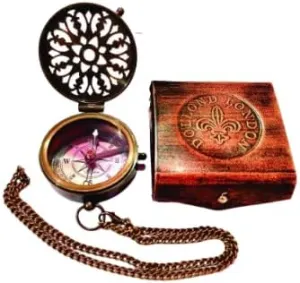 Compass, Table top Decor, Gift coincident aloft greedy Item Antique Brass Nautical Compass with Chain, 2 inch, Stamped Leather Box Functional Direction 