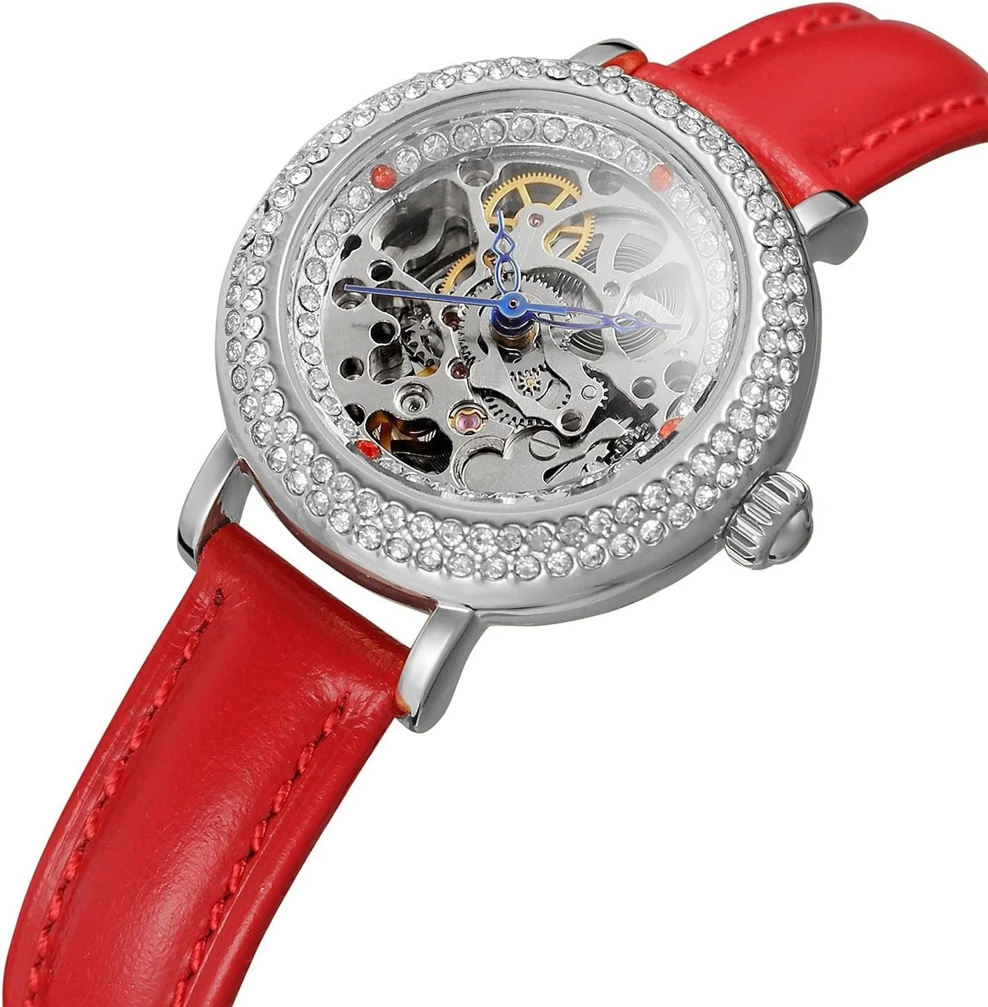Crystal Dial Leather Wrist Watch MASTOP Womens Automatic Mechanical Watch Skeleton chaos journal reduce Rhinestone 