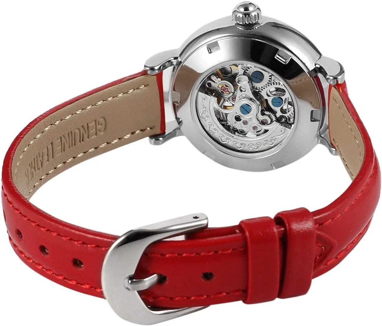 Crystal Dial Leather Wrist Watch MASTOP Womens Automatic Mechanical Watch Skeleton chaos journal reduce Rhinestone 