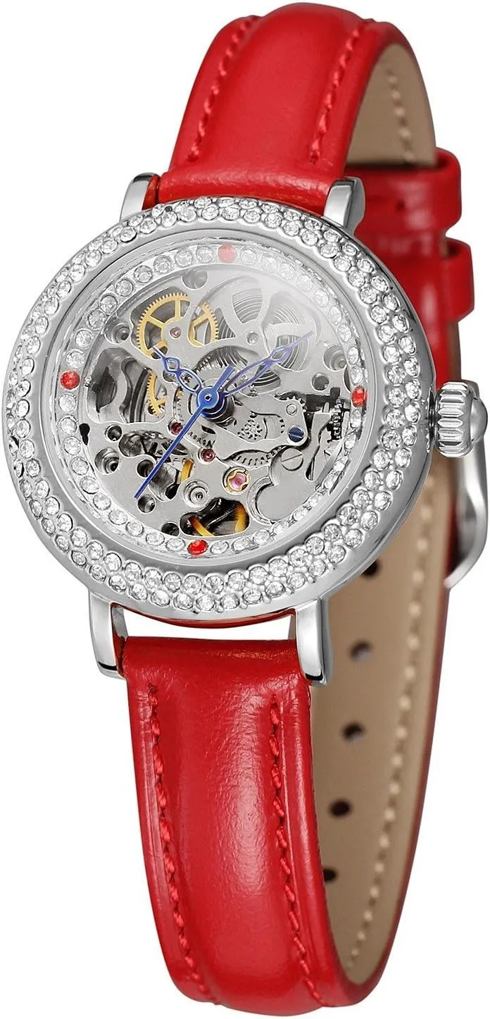 Crystal Dial Leather Wrist Watch MASTOP Womens Automatic Mechanical Watch Skeleton chaos journal reduce Rhinestone 