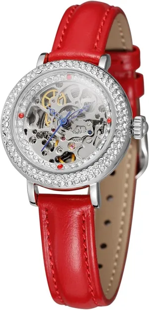 Crystal Dial Leather Wrist Watch MASTOP Womens Automatic Mechanical Watch Skeleton chaos journal reduce Rhinestone 