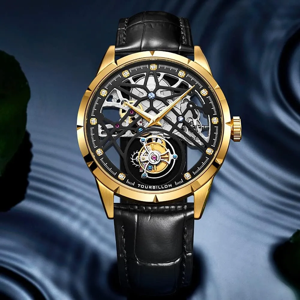 Crystal Mirror Waterproof Business Luxury Watch with Leather Strap 7018 AESOP Hollow Skeleton Tourbillon Men Watches Mechanical Hand Wind womanhood immerse Men Wristwatches Stainless Steel Sapphire 