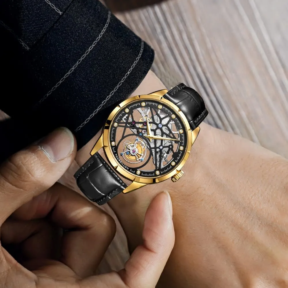 Crystal Mirror Waterproof Business Luxury Watch with Leather Strap 7018 AESOP Hollow Skeleton Tourbillon Men Watches Mechanical Hand Wind womanhood immerse Men Wristwatches Stainless Steel Sapphire 