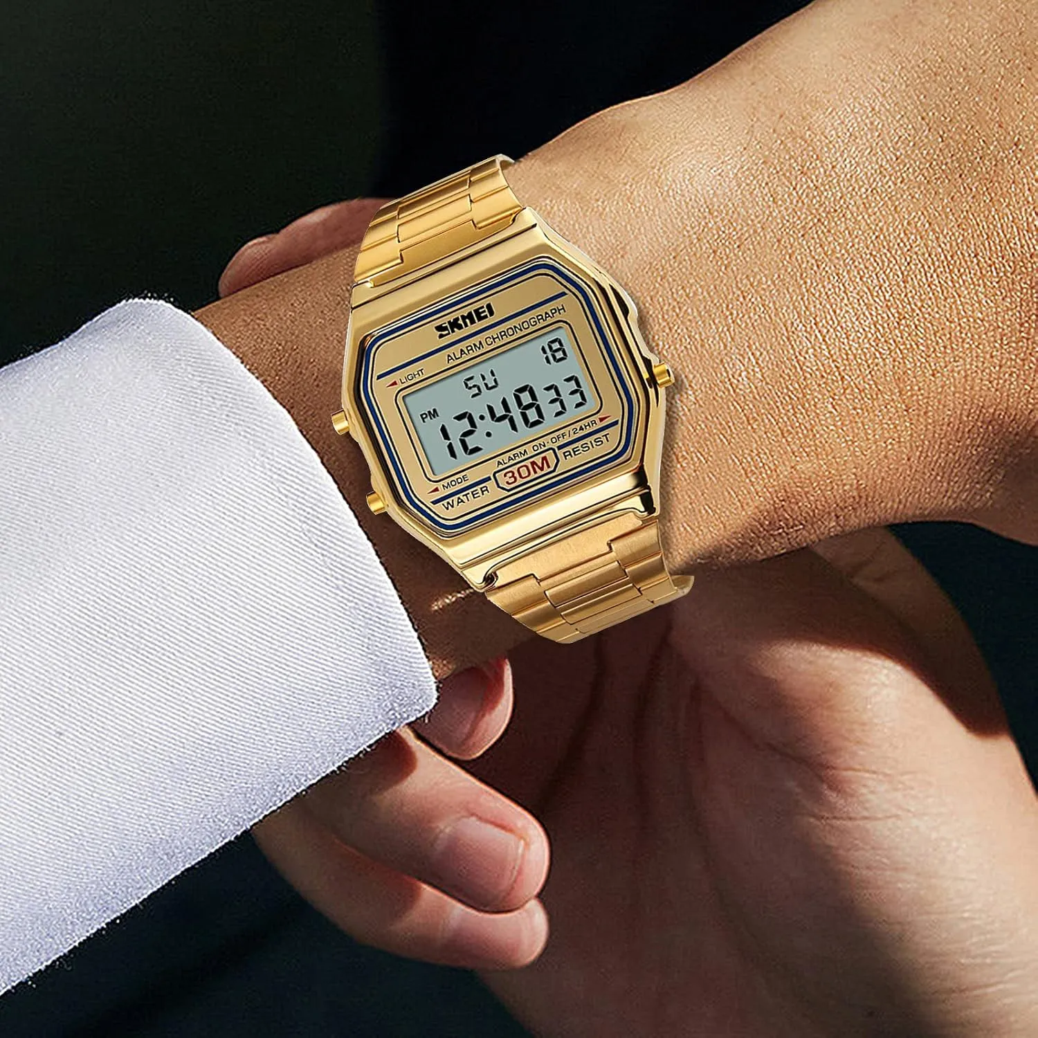 Daily Alarm Gold-Tone Watch FANMIS Women's Men's Digital Electronic Square LED Sports Watch Multifunction couple essay moss waterfront Waterproof 