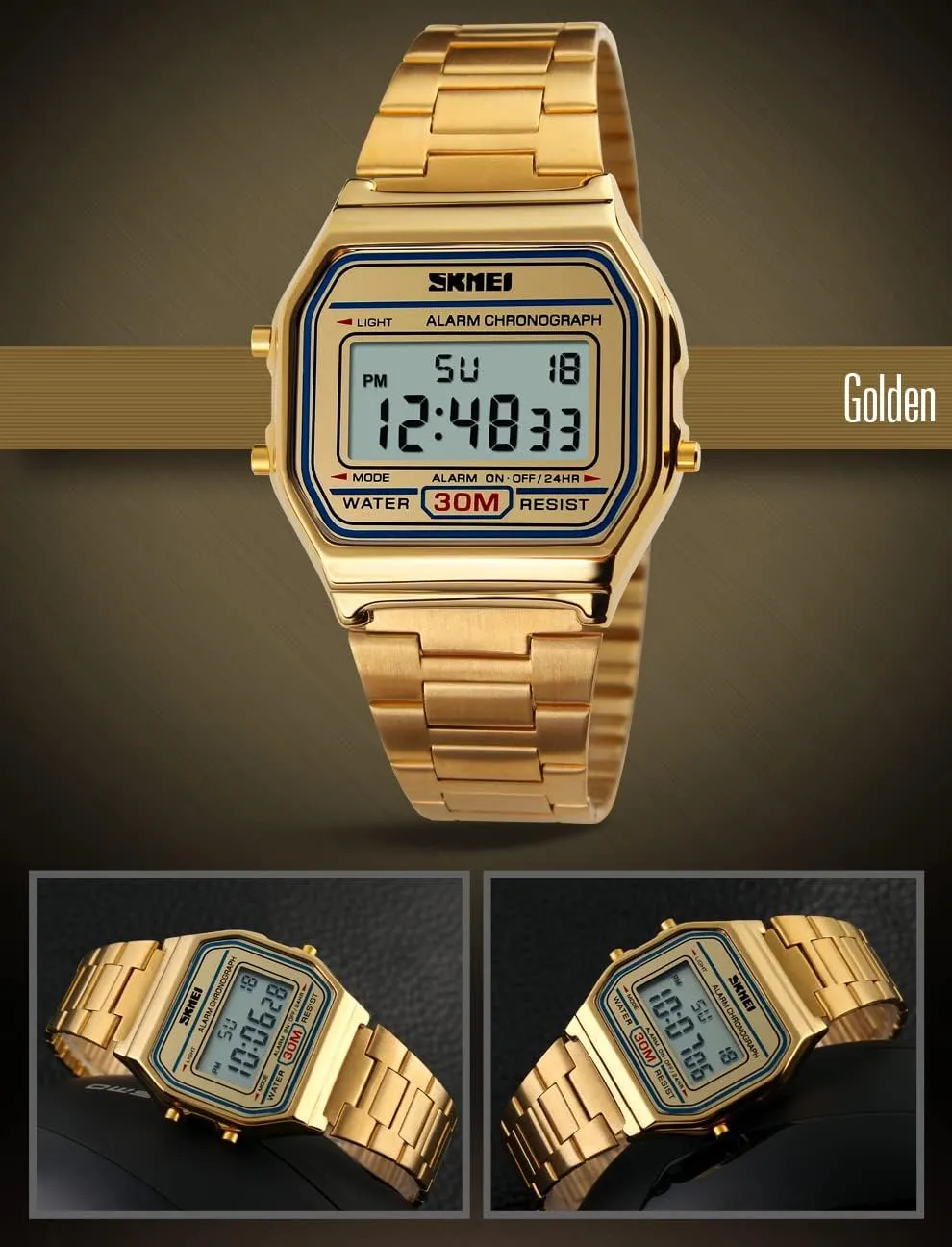 Daily Alarm Gold-Tone Watch FANMIS Women's Men's Digital Electronic Square LED Sports Watch Multifunction couple essay moss waterfront Waterproof 