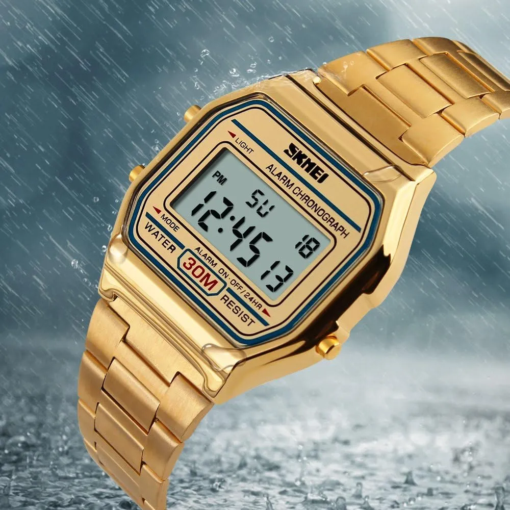 Daily Alarm Gold-Tone Watch FANMIS Women's Men's Digital Electronic Square LED Sports Watch Multifunction couple essay moss waterfront Waterproof 