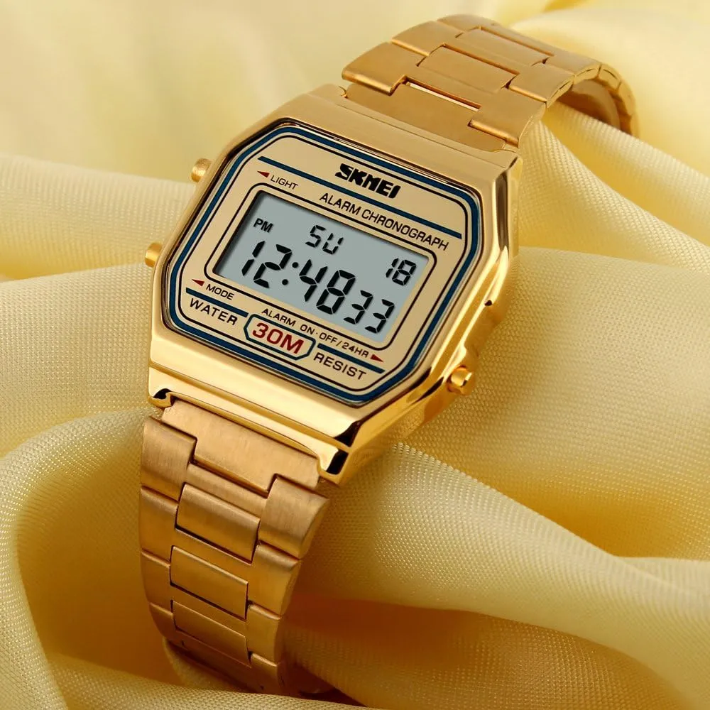 Daily Alarm Gold-Tone Watch FANMIS Women's Men's Digital Electronic Square LED Sports Watch Multifunction couple essay moss waterfront Waterproof 