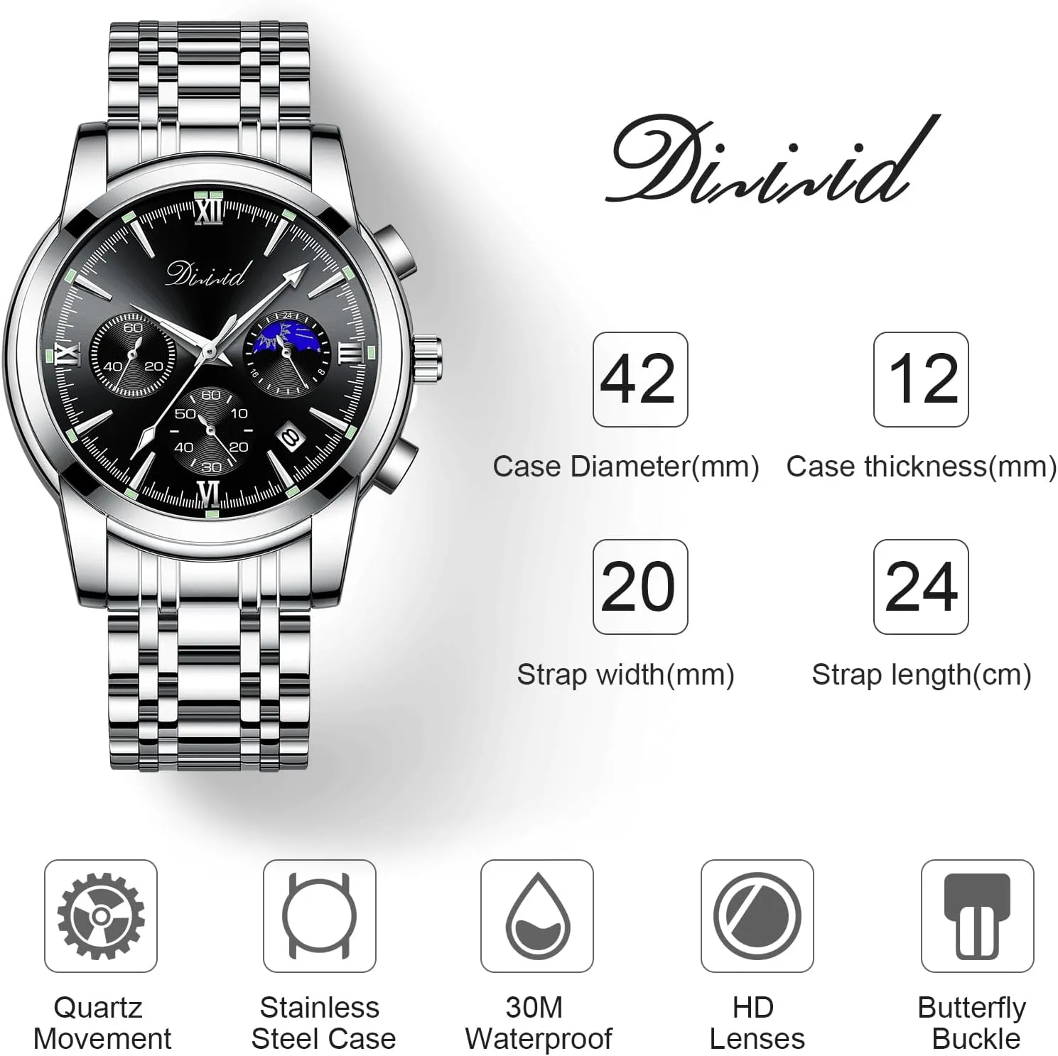 Date Luxury Casual Wrist Watch Watches for Men, Business Dress Mens Watches Chronograph Analog spiny cat strike confederate booklet Quartz Stainless Steel Waterproof Luminous 