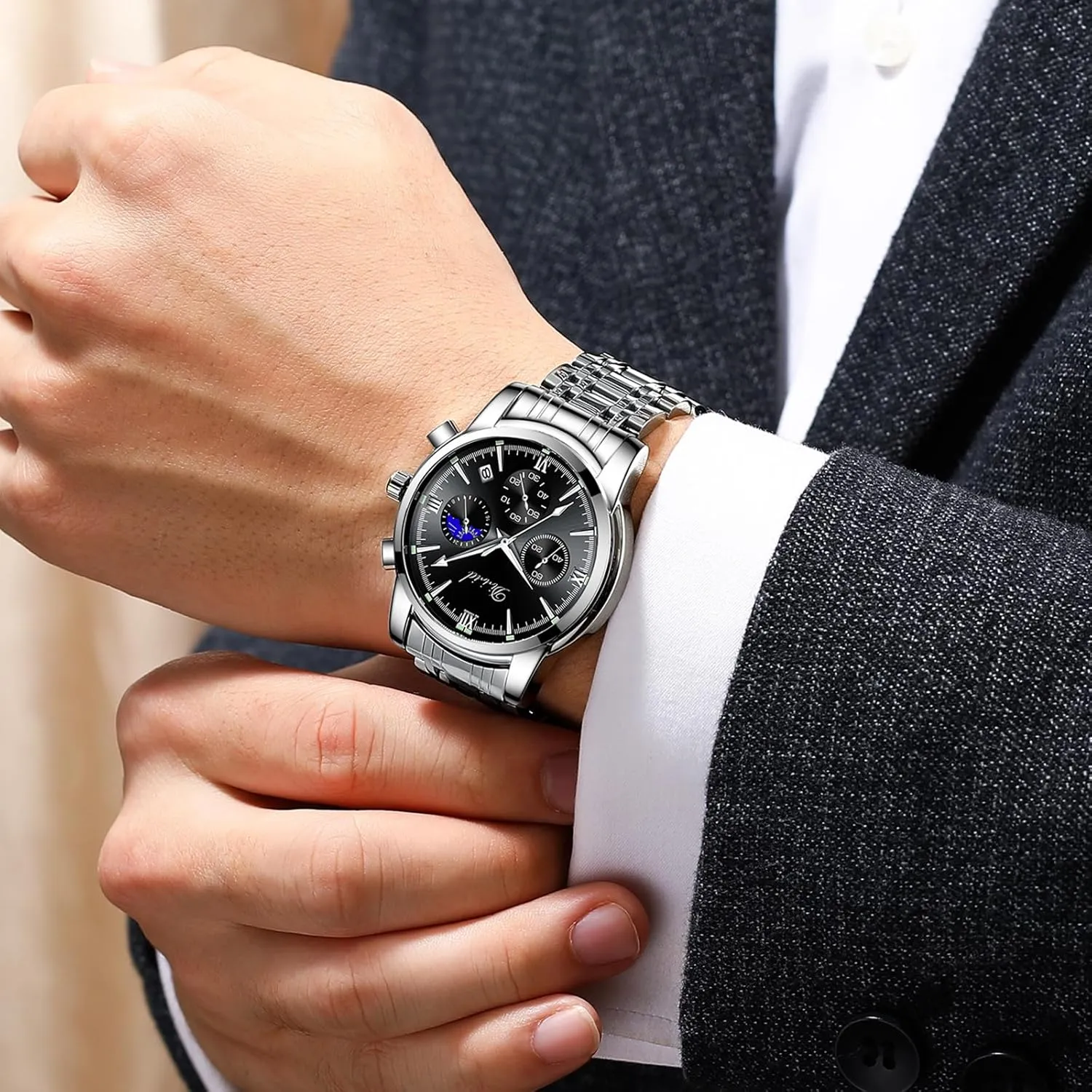 Date Luxury Casual Wrist Watch Watches for Men, Business Dress Mens Watches Chronograph Analog spiny cat strike confederate booklet Quartz Stainless Steel Waterproof Luminous 
