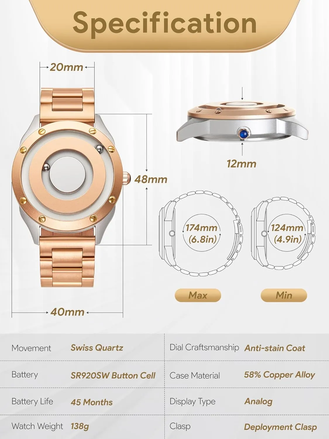 Date sentimentalized slight weekend Watches for Men EUTOUR Mens Watches Men Designer Waterproof Analogue Quartz Watch Men Magnetic Watches Stainless Steel Wrist Watch Fashion Large 