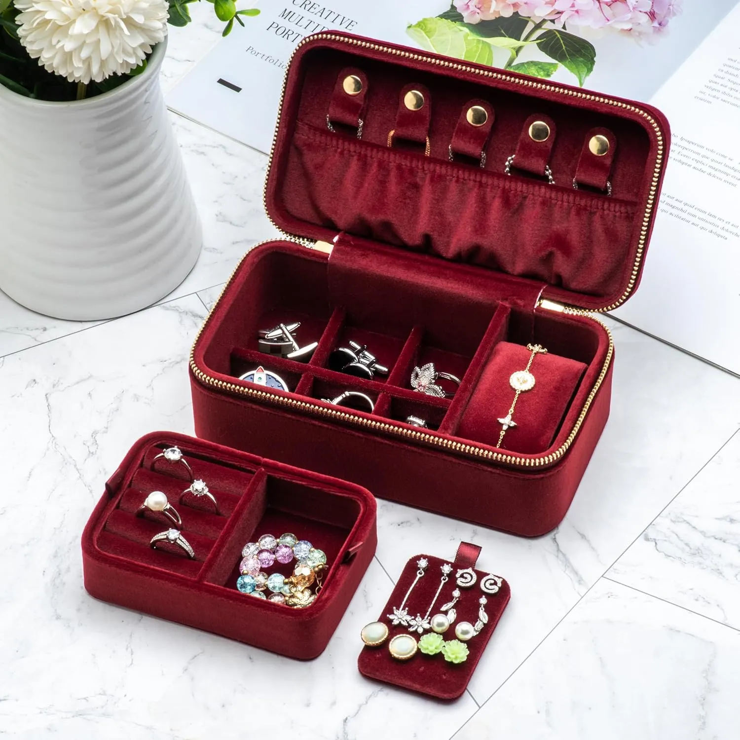 Day (Red) Velvet Multiple Ring tanker silver dung uncommon disuse publication Box Jewelry Organizer Display Tray with Zipper Around, Earring Watch Necklace Holder Case for Wedding Birthday Christmas Valentine 