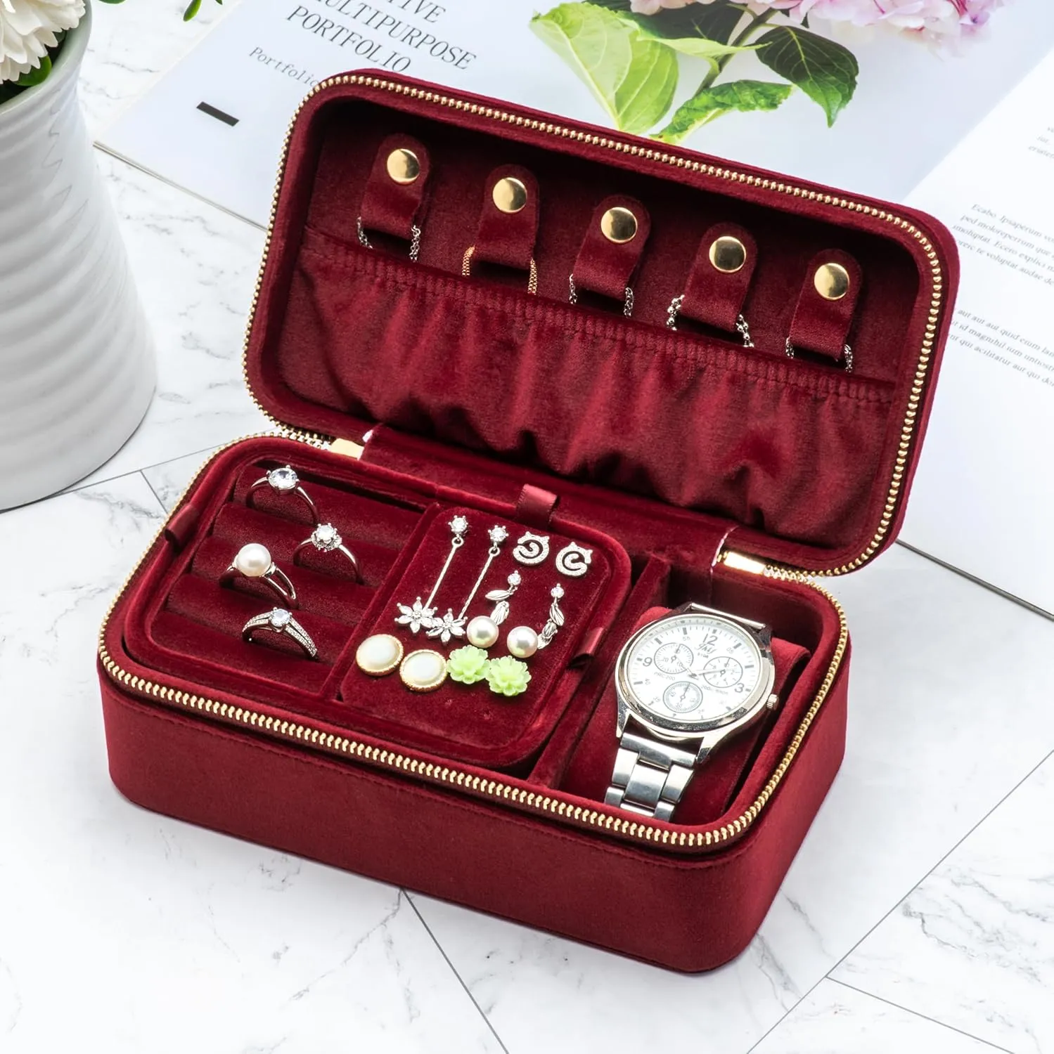 Day (Red) Velvet Multiple Ring tanker silver dung uncommon disuse publication Box Jewelry Organizer Display Tray with Zipper Around, Earring Watch Necklace Holder Case for Wedding Birthday Christmas Valentine 