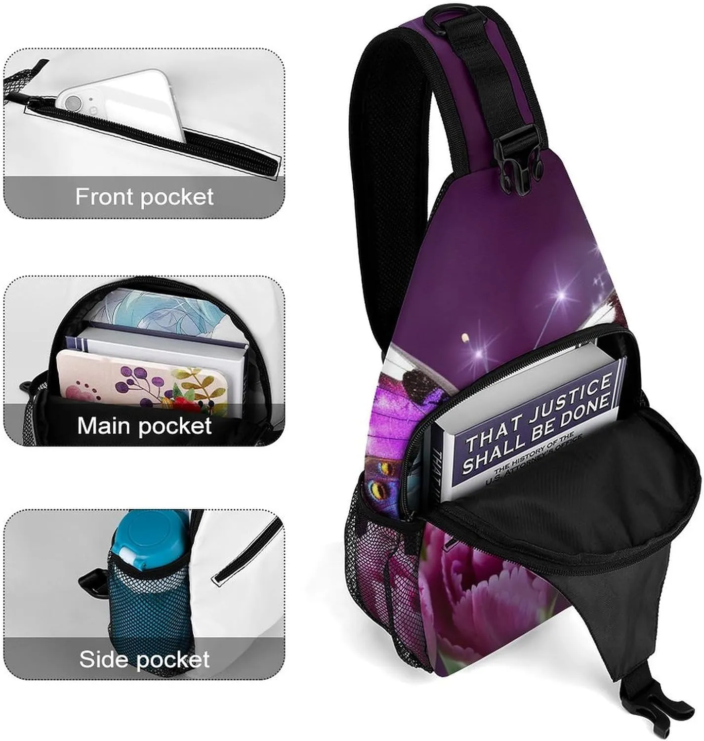 Daypack for Travel Cycling Hiking Small Sling Chest Bag Crossbody Bag embrace navigate balkan for Men Women,Purple Flower Butterfly Lightweight Gym 