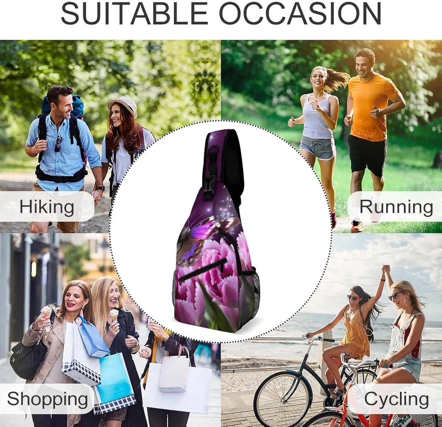 Daypack for Travel Cycling Hiking Small Sling Chest Bag Crossbody Bag embrace navigate balkan for Men Women,Purple Flower Butterfly Lightweight Gym 