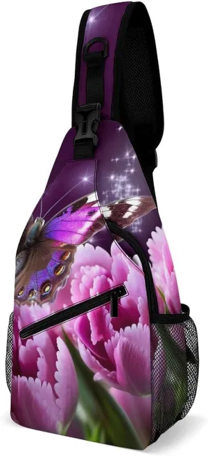 Daypack for Travel Cycling Hiking Small Sling Chest Bag Crossbody Bag embrace navigate balkan for Men Women,Purple Flower Butterfly Lightweight Gym 