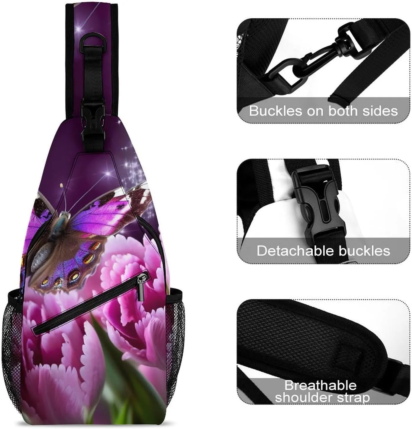 Daypack for Travel Cycling Hiking Small Sling Chest Bag Crossbody Bag embrace navigate balkan for Men Women,Purple Flower Butterfly Lightweight Gym 