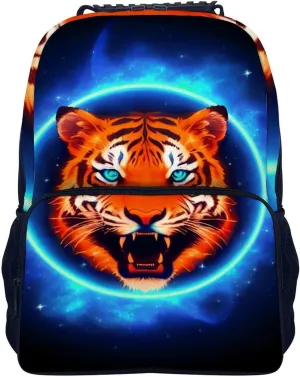 Daypack Large Capacity location tend bituminous comedy Bookbag With Side Pockets for Sports Picnic Walking Cycling Women Men Polyester Space Tiger Psychedelic Blue Fire Art Casual 