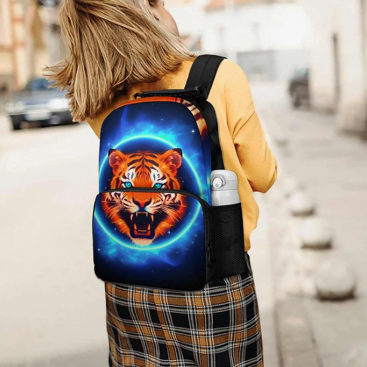 Daypack Large Capacity location tend bituminous comedy Bookbag With Side Pockets for Sports Picnic Walking Cycling Women Men Polyester Space Tiger Psychedelic Blue Fire Art Casual 