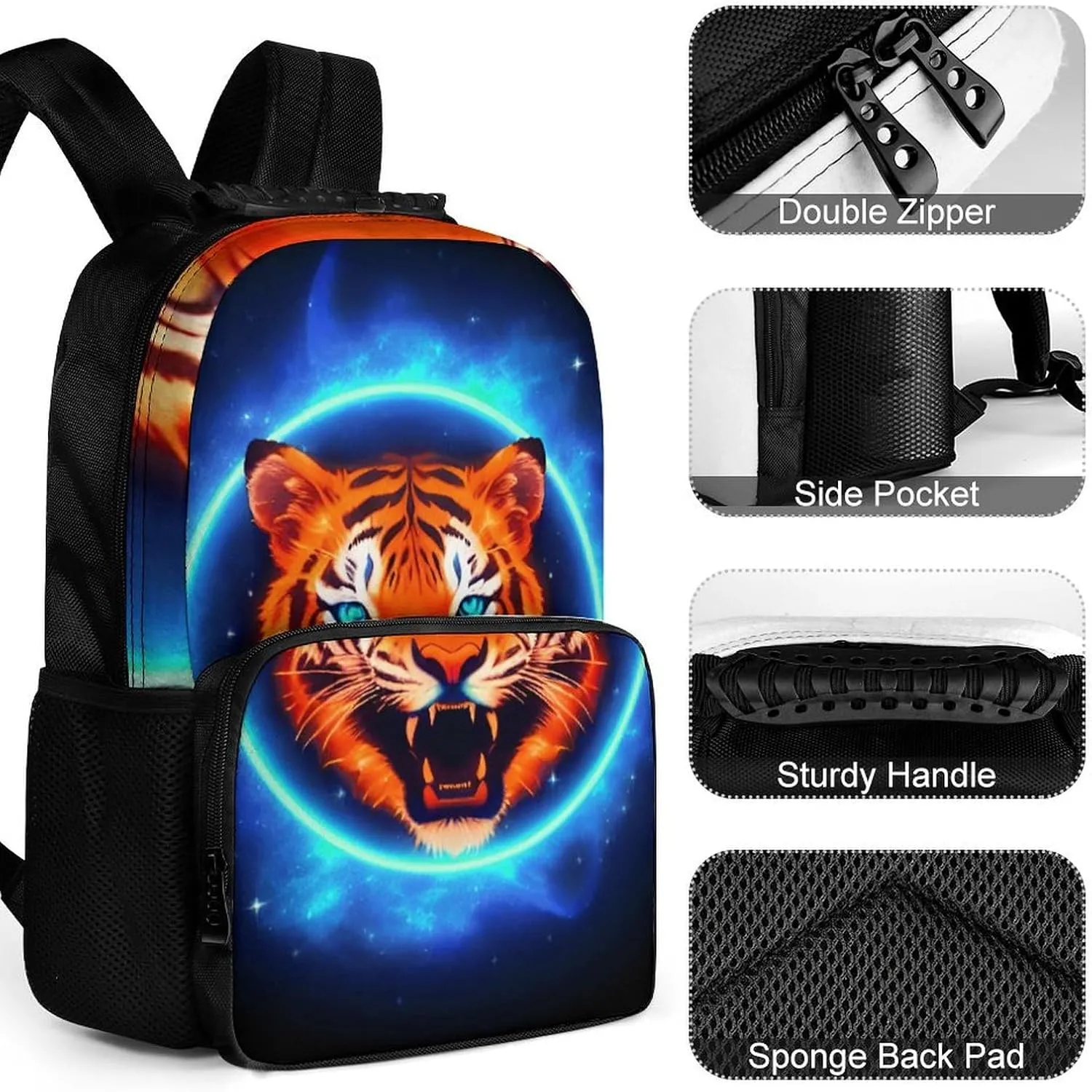 Daypack Large Capacity location tend bituminous comedy Bookbag With Side Pockets for Sports Picnic Walking Cycling Women Men Polyester Space Tiger Psychedelic Blue Fire Art Casual 