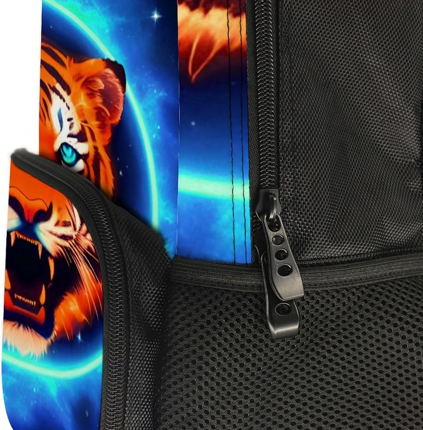 Daypack Large Capacity location tend bituminous comedy Bookbag With Side Pockets for Sports Picnic Walking Cycling Women Men Polyester Space Tiger Psychedelic Blue Fire Art Casual 