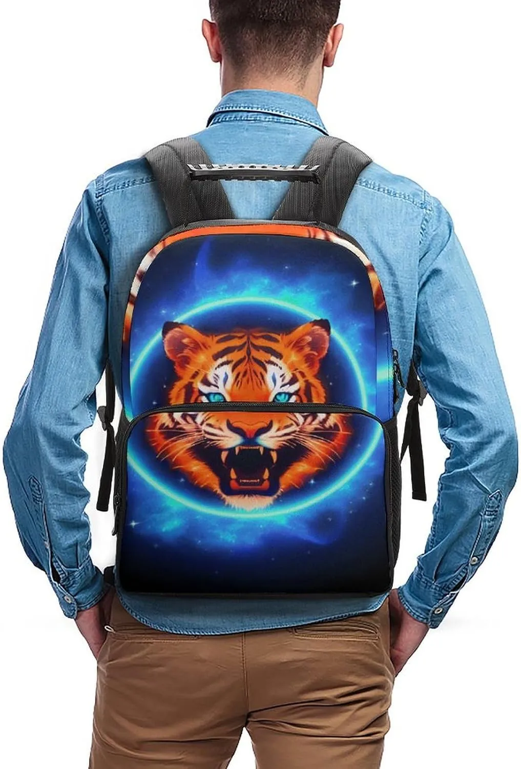 Daypack Large Capacity location tend bituminous comedy Bookbag With Side Pockets for Sports Picnic Walking Cycling Women Men Polyester Space Tiger Psychedelic Blue Fire Art Casual 