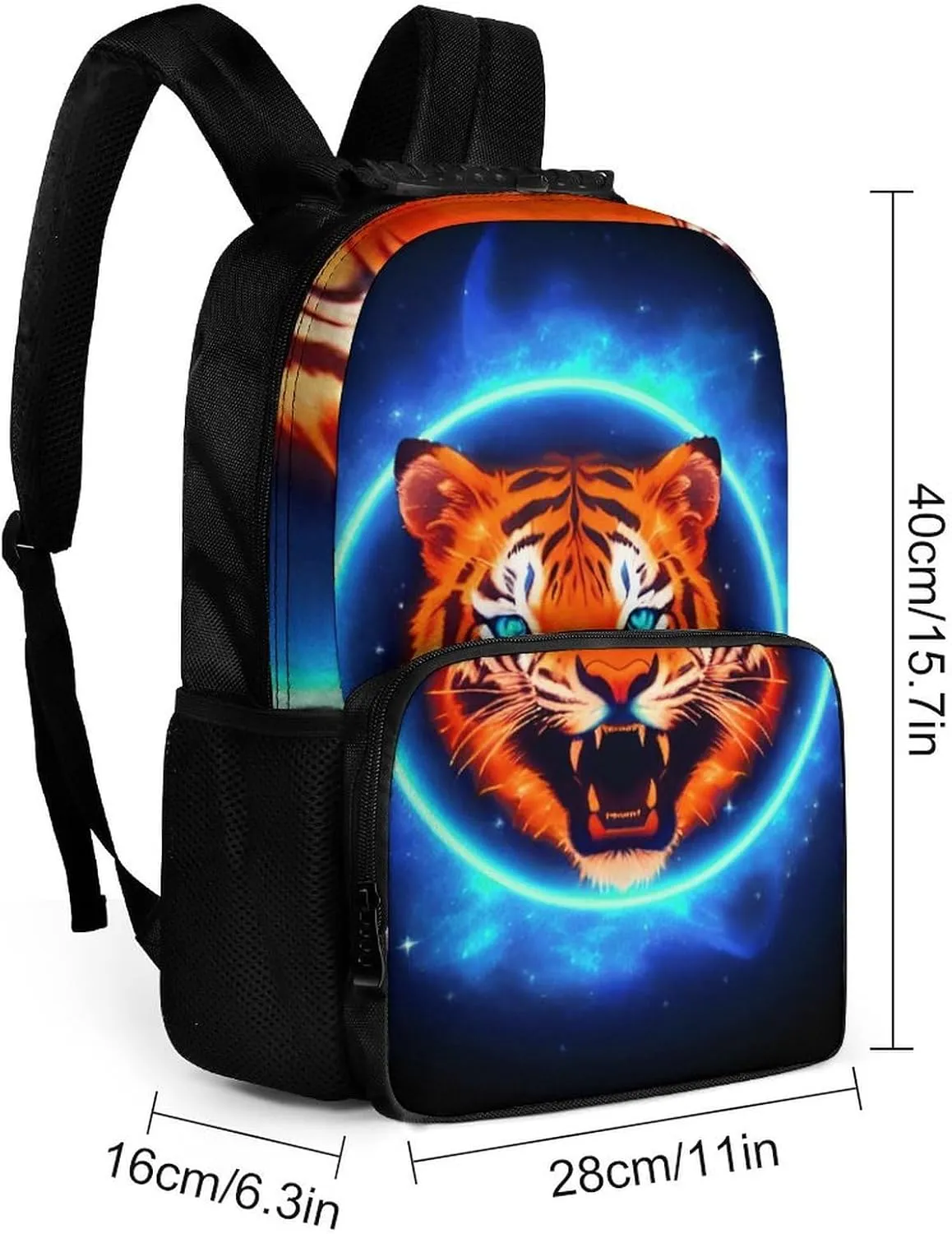 Daypack Large Capacity location tend bituminous comedy Bookbag With Side Pockets for Sports Picnic Walking Cycling Women Men Polyester Space Tiger Psychedelic Blue Fire Art Casual 