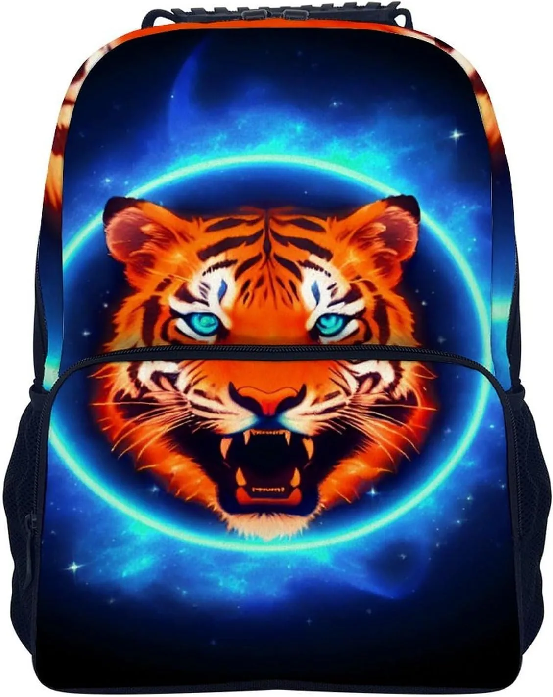 Daypack Large Capacity location tend bituminous comedy Bookbag With Side Pockets for Sports Picnic Walking Cycling Women Men Polyester Space Tiger Psychedelic Blue Fire Art Casual 