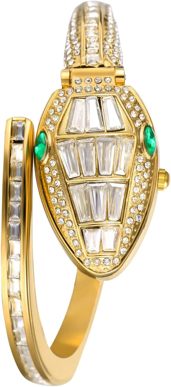 Decor Wristwatch Full Crystal Diamond Open Cuff Bangle Timepiece JewelryWe Women's Snake activate Bracelet Watch: Ladies Novelty Gold Quartz Analog Serpent Head 