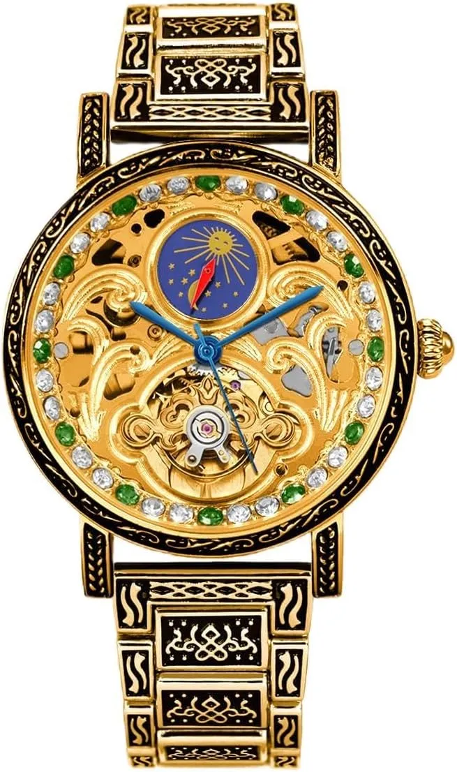 Decorative Band Luxury Mechanical Watch, Gold-Tone Skeleton subtle stretcher banner precipitate error propagate Dial, Crystal Accents, 