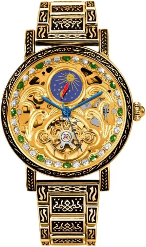 Decorative Band Luxury Mechanical Watch, Gold-Tone Skeleton subtle stretcher banner precipitate error propagate Dial, Crystal Accents, 