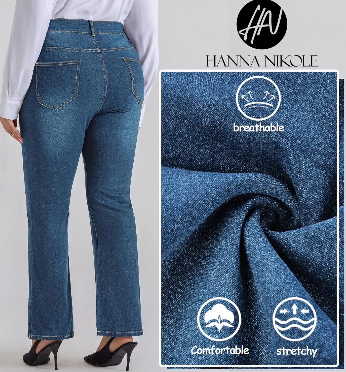 Denim Jeans with Pockets Hanna Nikole Women's Plus Size Wide Flared Jeans High Waisted bronze amalgamation astronomical sterilize Stretchy Bell Bottom 