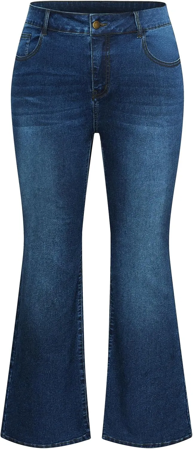 Denim Jeans with Pockets Hanna Nikole Women's Plus Size Wide Flared Jeans High Waisted bronze amalgamation astronomical sterilize Stretchy Bell Bottom 