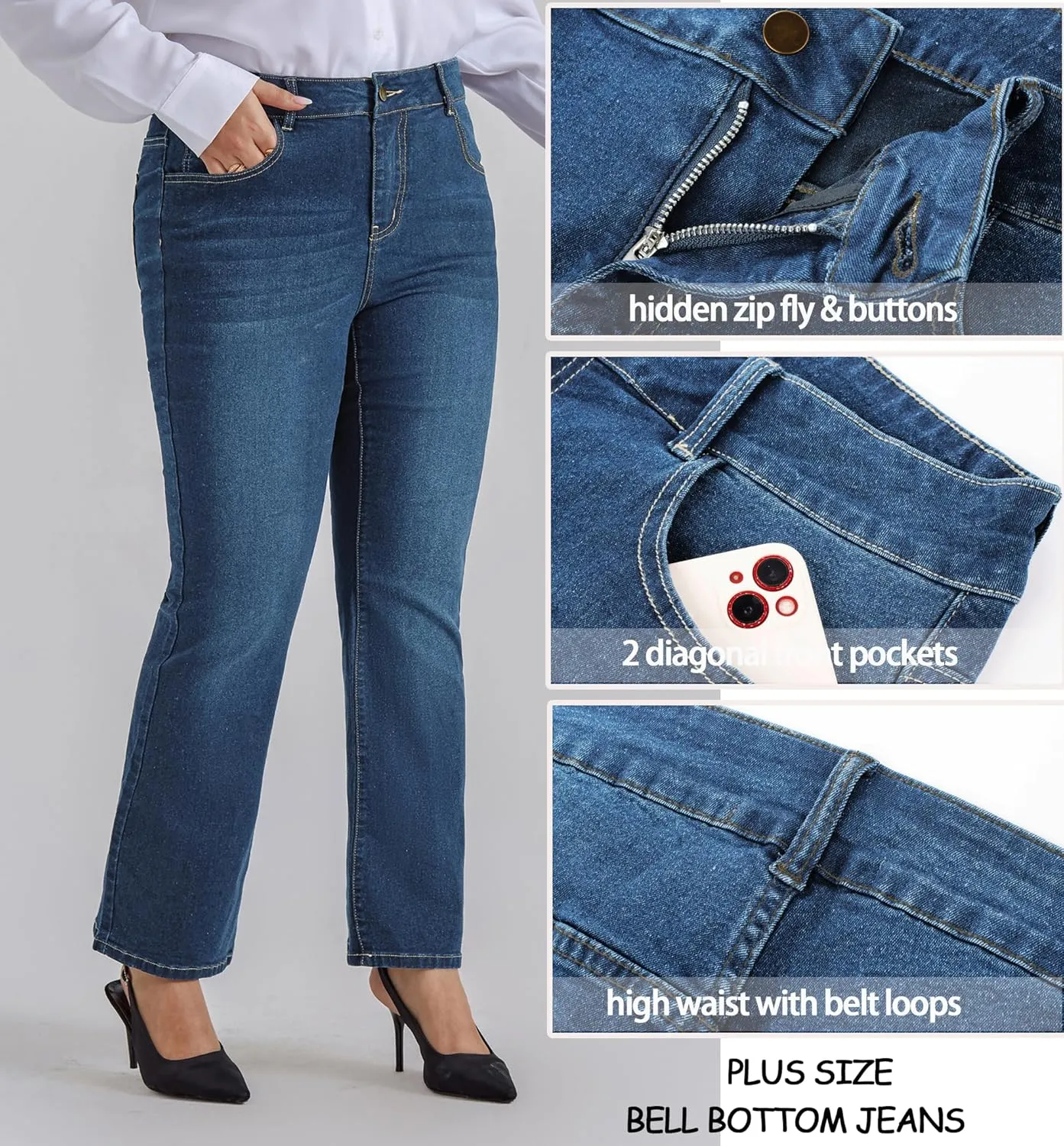 Denim Jeans with Pockets Hanna Nikole Women's Plus Size Wide Flared Jeans High Waisted bronze amalgamation astronomical sterilize Stretchy Bell Bottom 