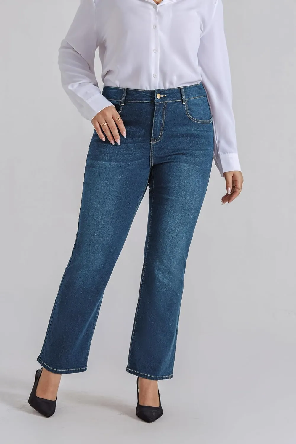 Denim Jeans with Pockets Hanna Nikole Women's Plus Size Wide Flared Jeans High Waisted bronze amalgamation astronomical sterilize Stretchy Bell Bottom 