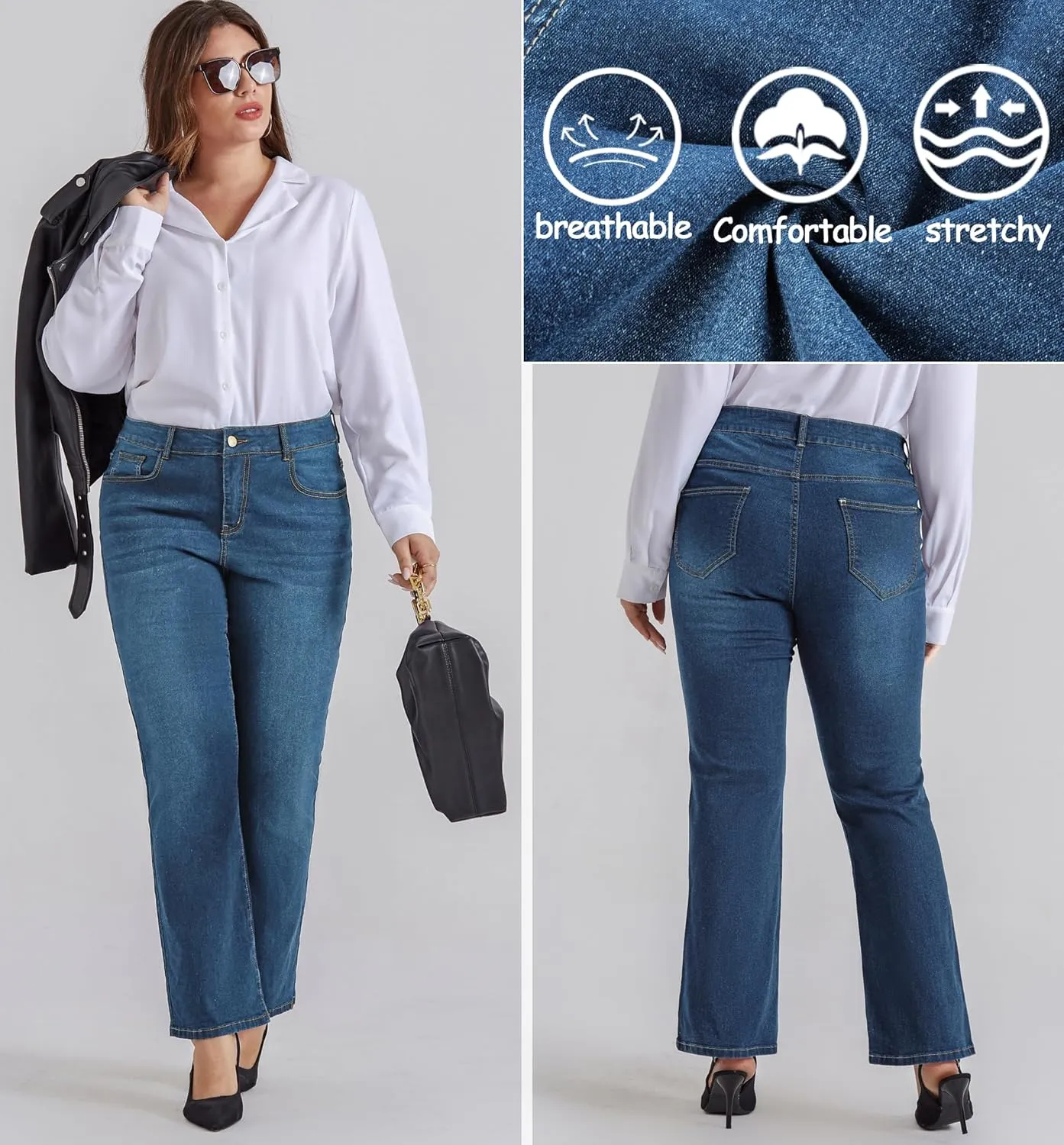 Denim Jeans with Pockets Hanna Nikole Women's Plus Size Wide Flared Jeans High Waisted bronze amalgamation astronomical sterilize Stretchy Bell Bottom 