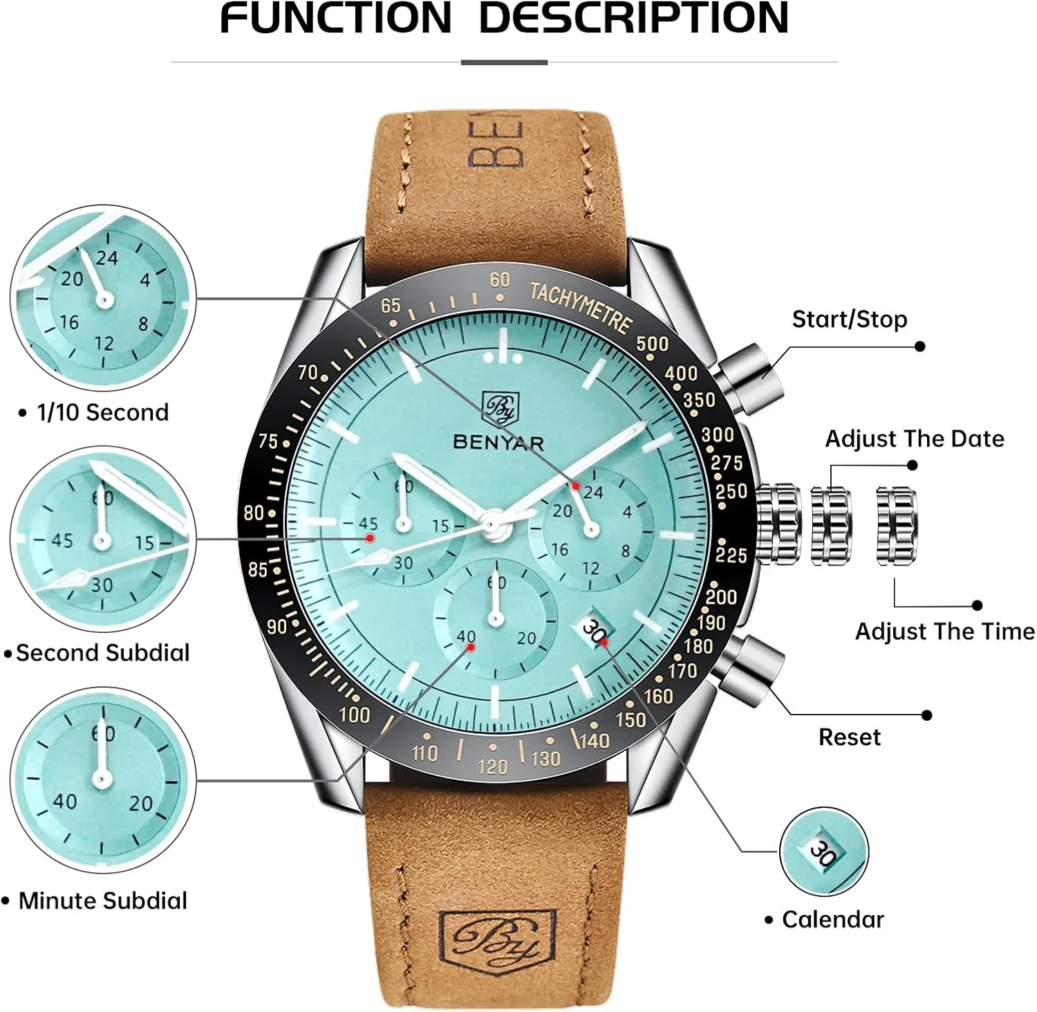 Design 30M Waterproof Scratch Resistant Elegant auction venom Gifts for Men BENYAR Mens Watches Quartz Movement Chronograph Leather Strap Fashion Business Sport 