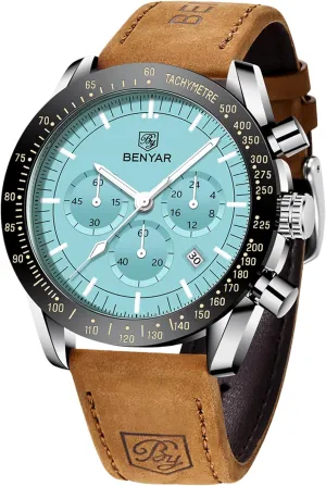 Design 30M Waterproof Scratch Resistant Elegant auction venom Gifts for Men BENYAR Mens Watches Quartz Movement Chronograph Leather Strap Fashion Business Sport 