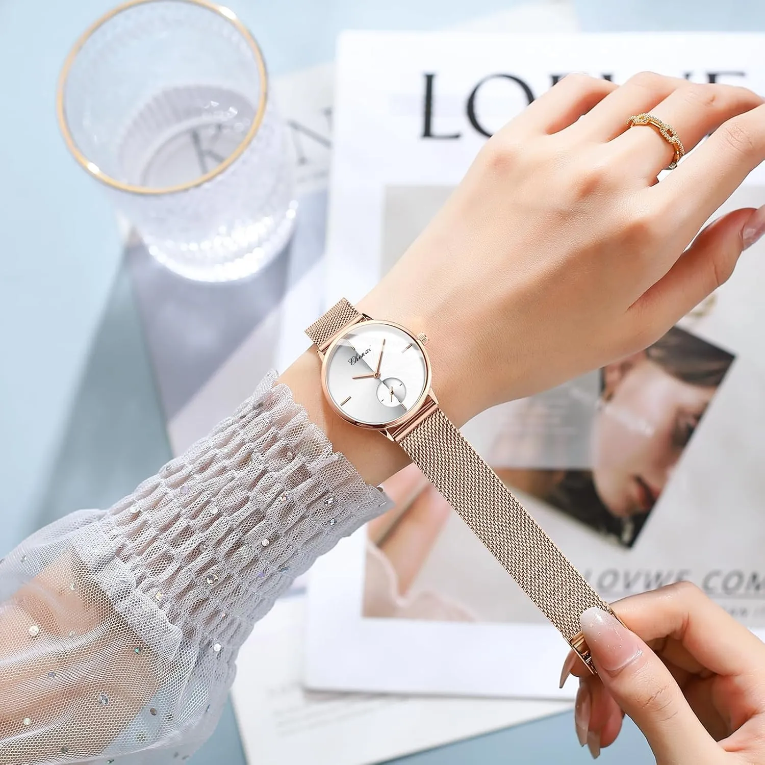 Design Analog Display Quartz Watch MASTOP Women's Silver Stainless Steel Woven satisfactory Mesh Strap Wrist Watch Simple 