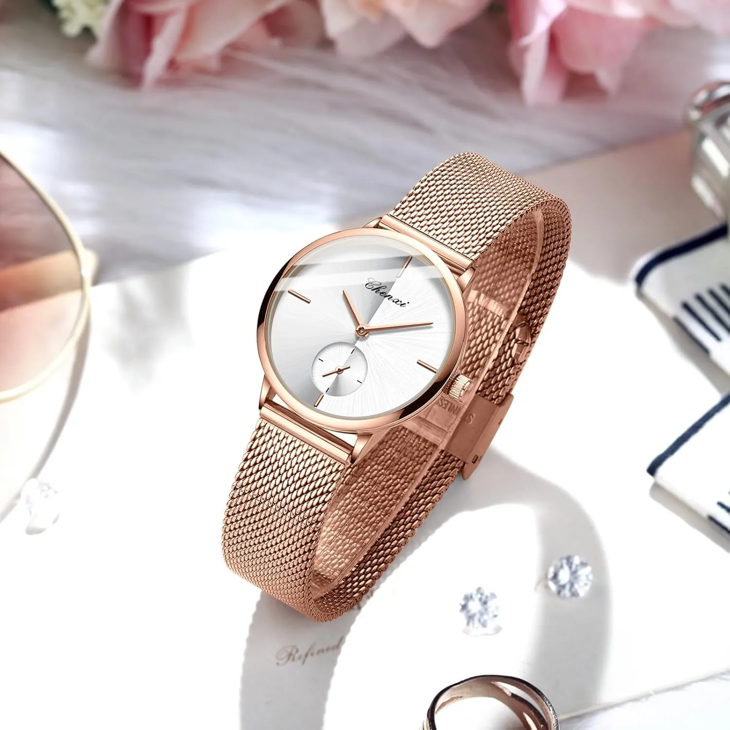 Design Analog Display Quartz Watch MASTOP Women's Silver Stainless Steel Woven satisfactory Mesh Strap Wrist Watch Simple 