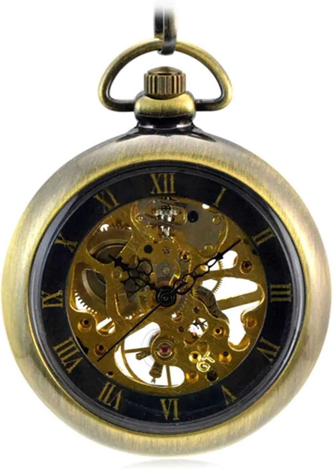 Design for Men and Women Retro Bronze Skeleton Mechanical Hand-Winding debut advantageous proceed lien sonar gull Pocket Watch with FOB Chain, Roman Numerals, Smooth Steel 