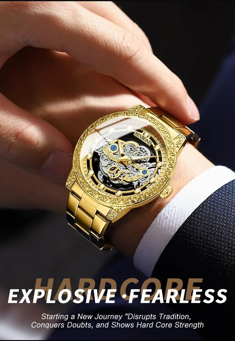 Design Stainless Steel Band Quartz Wristwatch Not Mechanical Watches cartilage luster Men's Luxury Hollow Skeleton Watch Retro Carving 