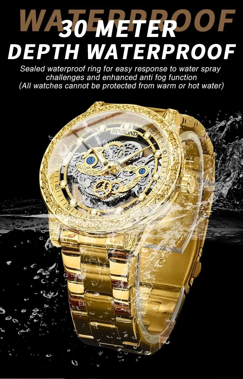 Design Stainless Steel Band Quartz Wristwatch Not Mechanical Watches cartilage luster Men's Luxury Hollow Skeleton Watch Retro Carving 
