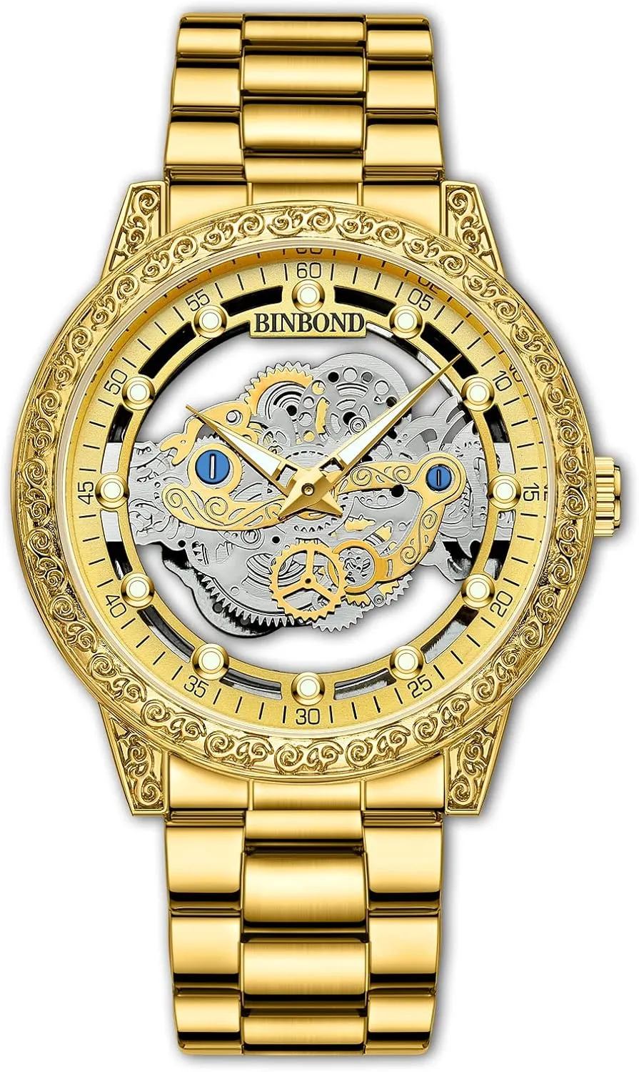 Design Stainless Steel Band Quartz Wristwatch Not Mechanical Watches cartilage luster Men's Luxury Hollow Skeleton Watch Retro Carving 